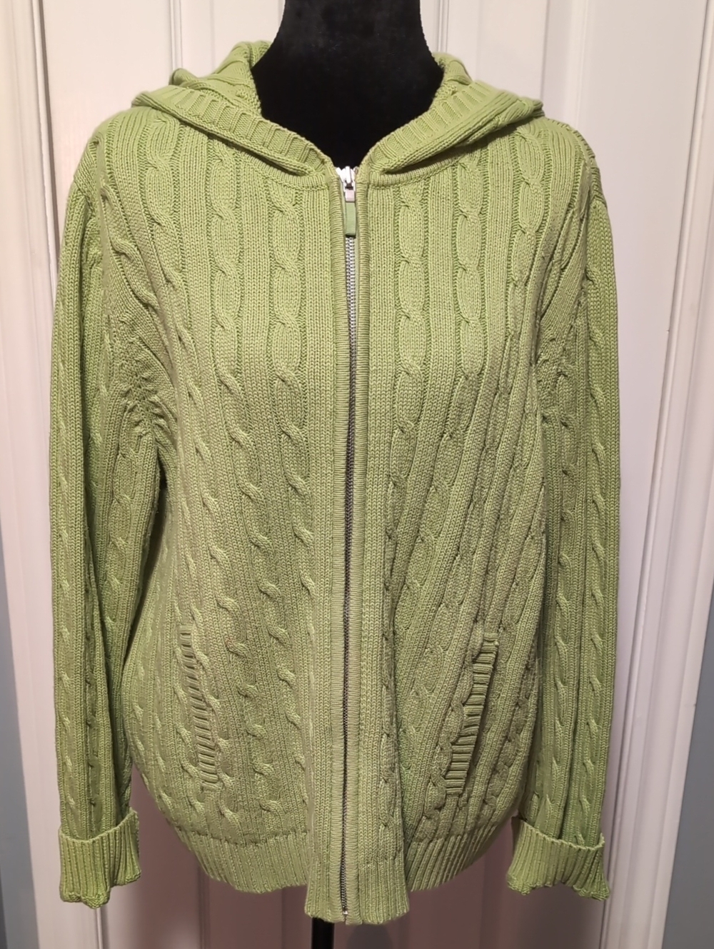 Jones New York Bright Green Cable-Knit Zip Hoodie Cardigan